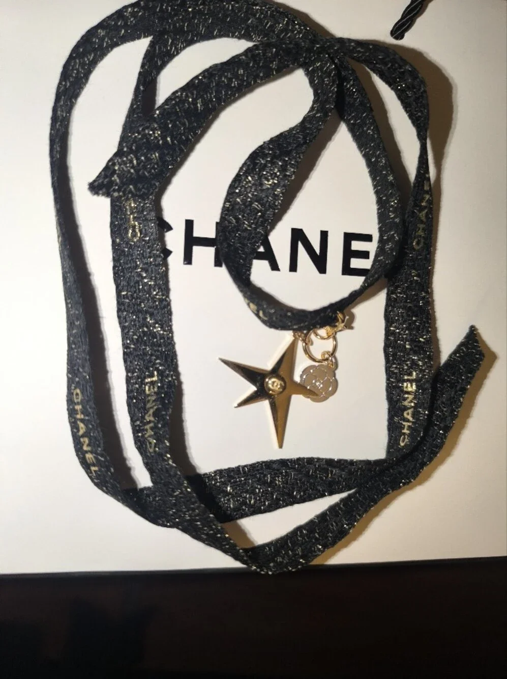 Chanel Comete Star Camelia Charm On Limited  Edition Ribbon Necklace Choker